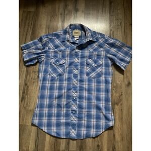 Wrangler Western Shirt Mens Blue Plaid Pearl Snap Short Sleeve Rockabilly Medium